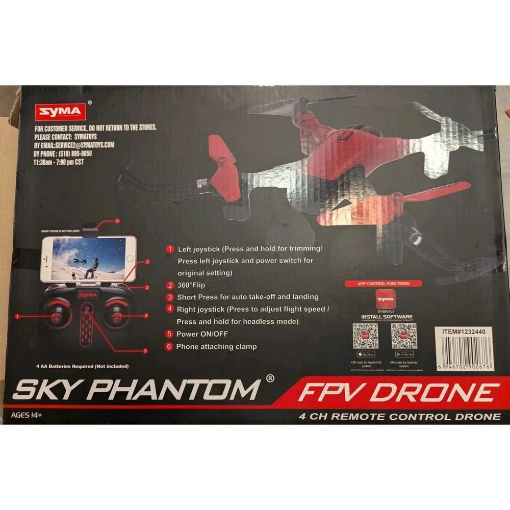 Drone SYMA Sky Phantom FPV 4 CH Remote Control Drone RED, Phone Not Included
